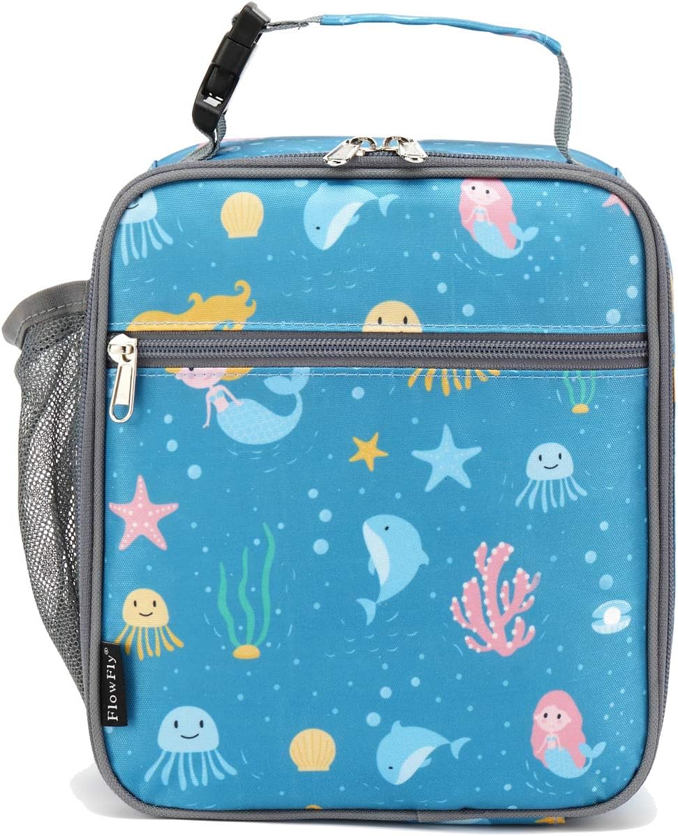FlowFly Kids Lunch box Insulated Soft Bag Mini Cooler Back to School Thermal Meal Tote Kit for Girls, Boys, Mermaid