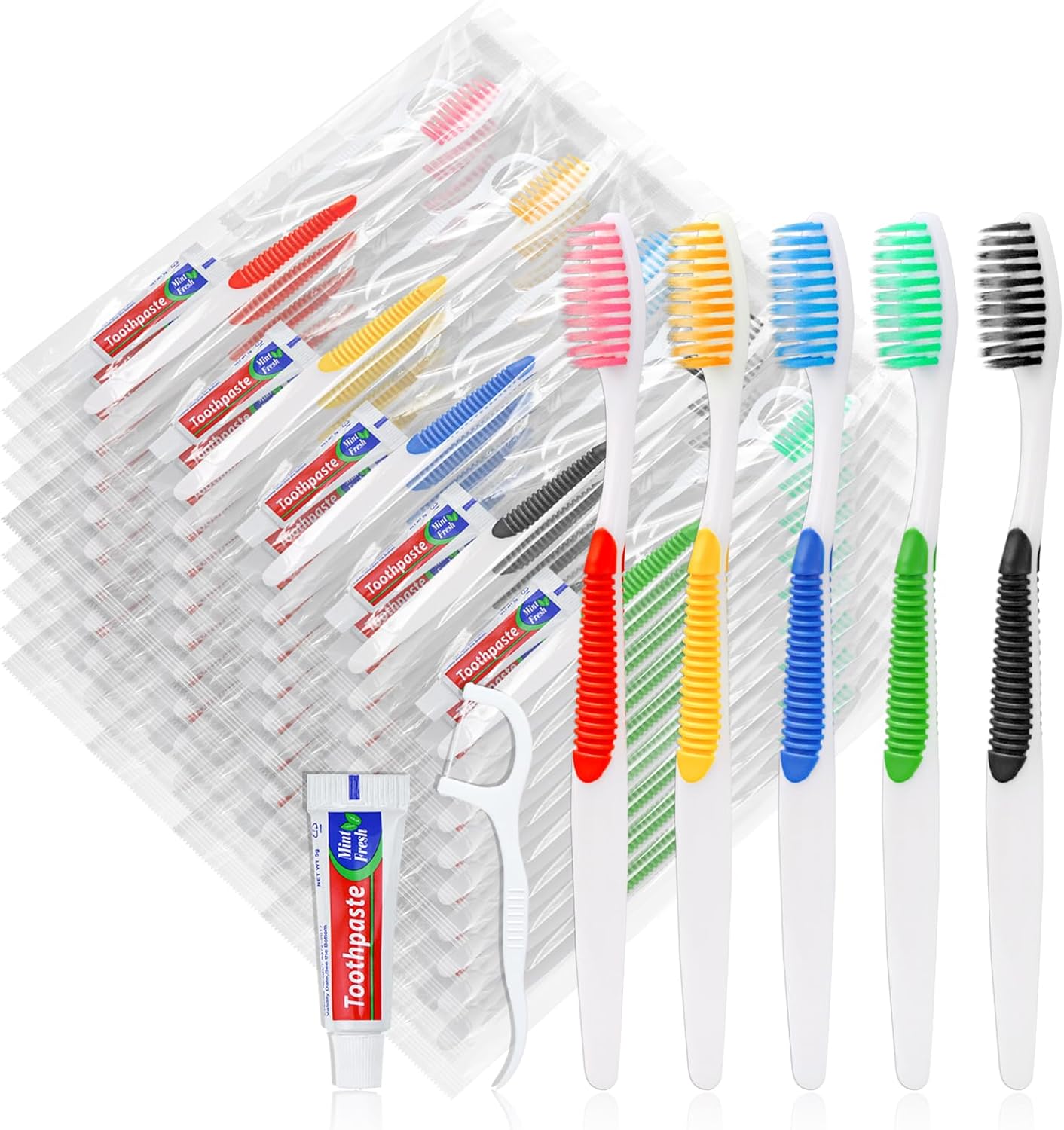 Disposable Toothbrushes with Toothpaste and Floss,30pcs Single Use Individually Wrapped Disposable Travel Toothbrushes and Dental Floss Kit Bulk for Homeless,Airbnb,Dentist,Hotel(5 Colors)