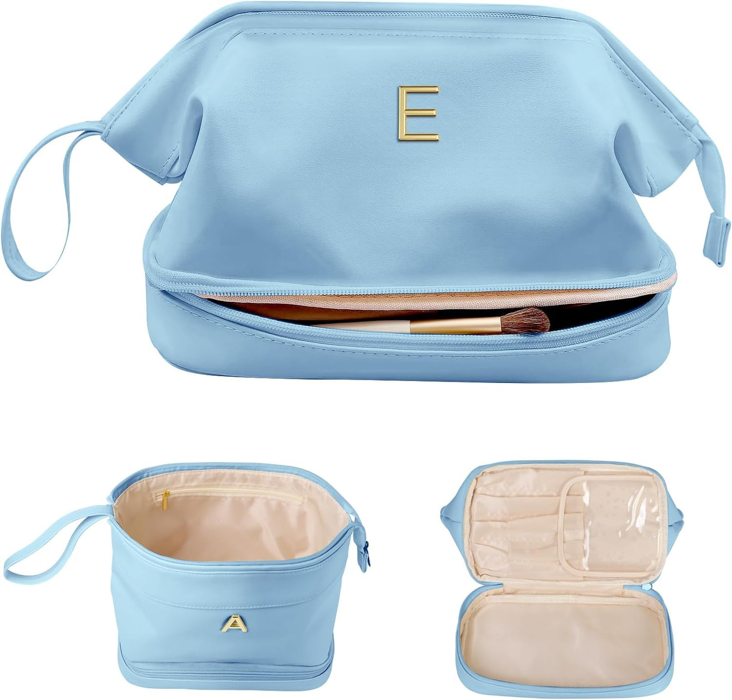 Initial Makeup Bag, Women Gifts, Personalized Double Layer Cosmetic Bag with Makeup Brush Organizer, Waterproof, Large Capacity PU Leather Travel Toiletry Bag Gifts for Friends Female Mom