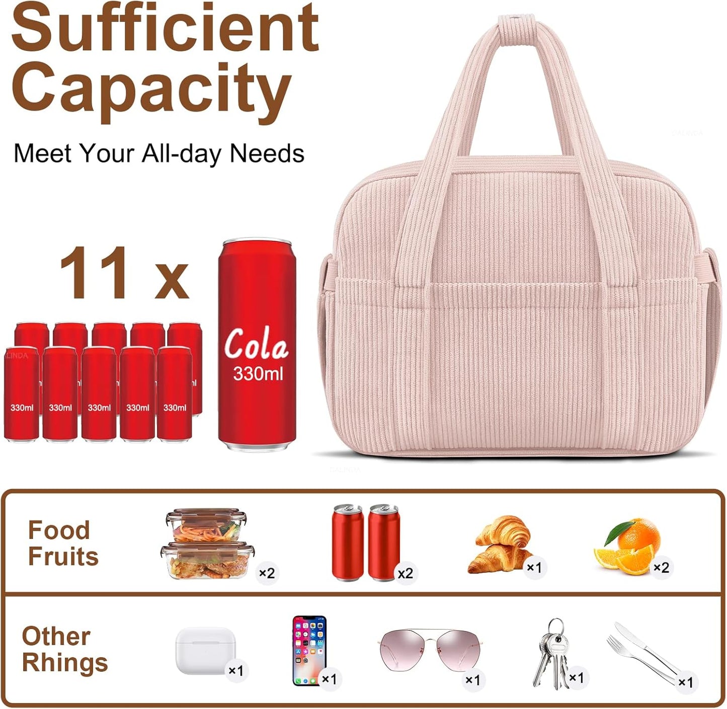 Corduroy Lunch Box Lunch Bag for Women Men, Cute Strawberry Small Insulated Reusable Work Leakproof Simple Lunch Boxes Tote Bag Adults Cooler Bag