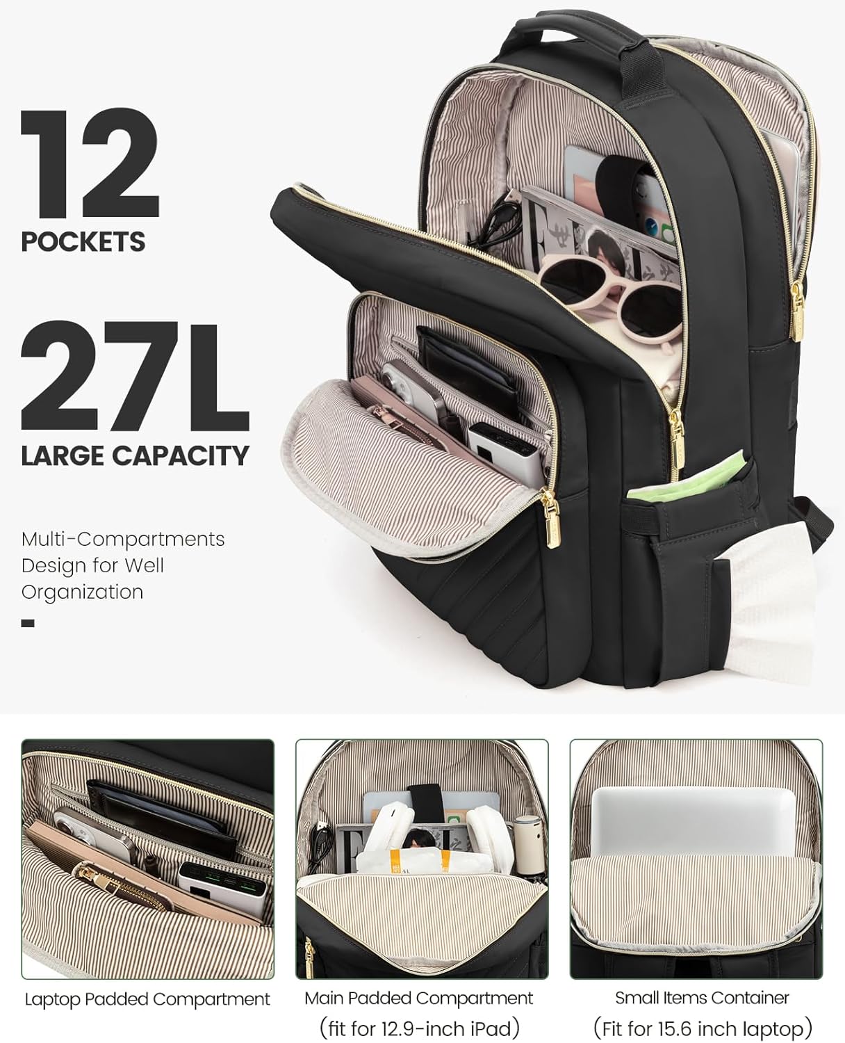 LOVEVOOK Laptop Backpack Purse for Women, Work Travel Computer Bags, College School Backpack for Student Girl, Quilted Casual Daypack with USB Port, Fit 15.6 Inch Laptop, Black