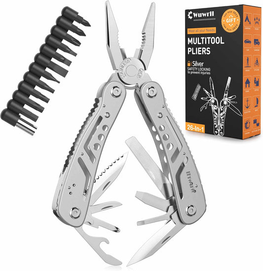 26-in-1 Multitool, Professional Stainless Steel Multi-Tool, Pocket Knife with Heavy Duty Pliers, Screwdriver, Replaceable Bits for Outdoor, (Silver)