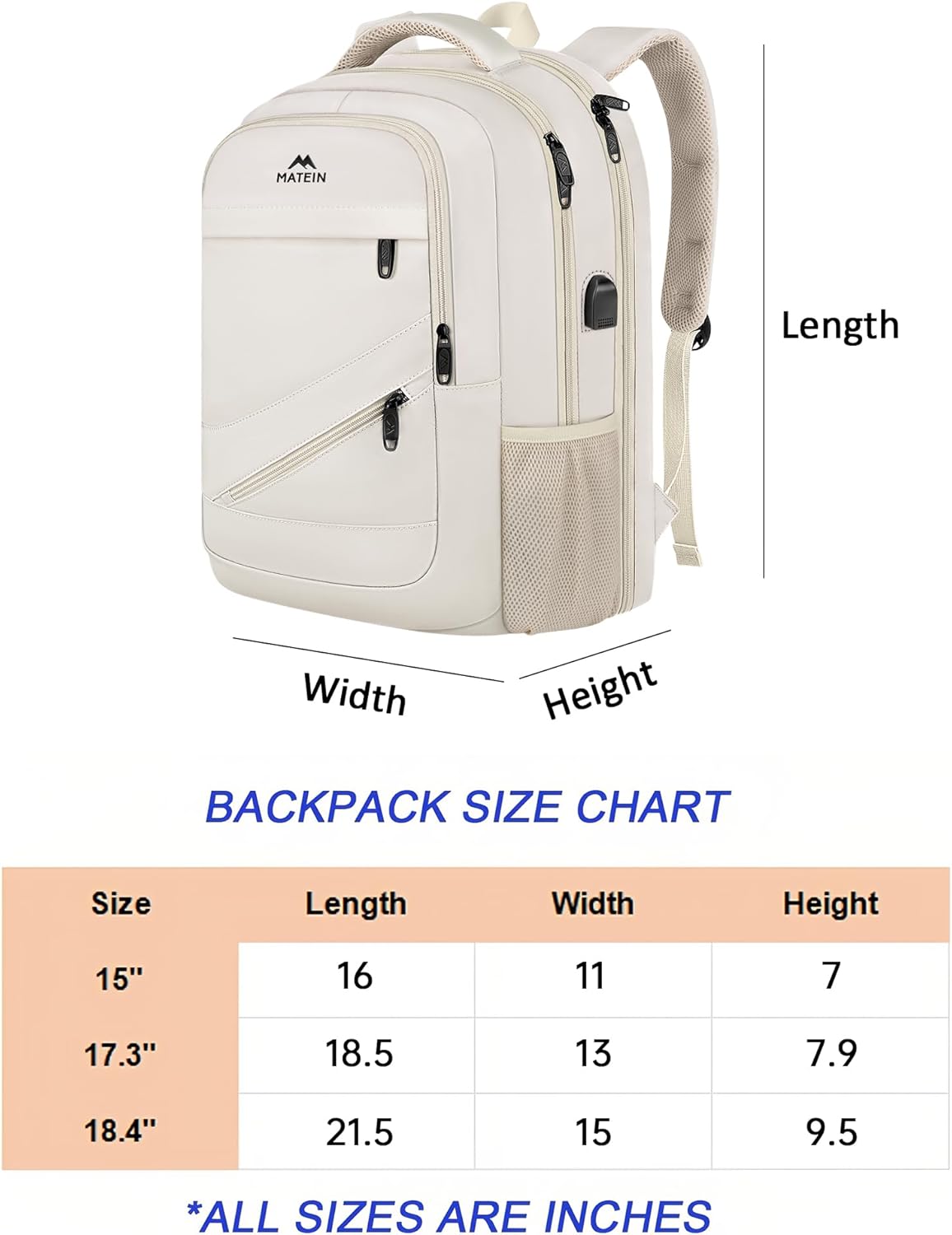 MATEIN Extra Large Backpack for Women, 18 Inch TSA College Backpack with Multiple Compartments & USB Charging Port, 50 L Fashion Work Computer Carryon for Business, Cream Beige