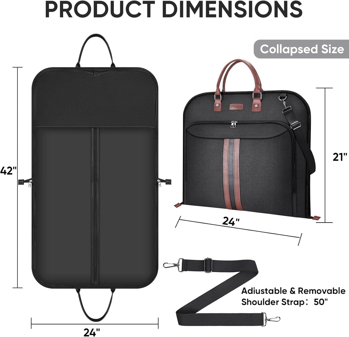 BALEINE Travel Garment Bag, Travel Suit Bag for Men, 42'' Waterproof Carry on Garment Bag for Hanging Clothes, Garment Duffel Bag for Travel Business (Black)