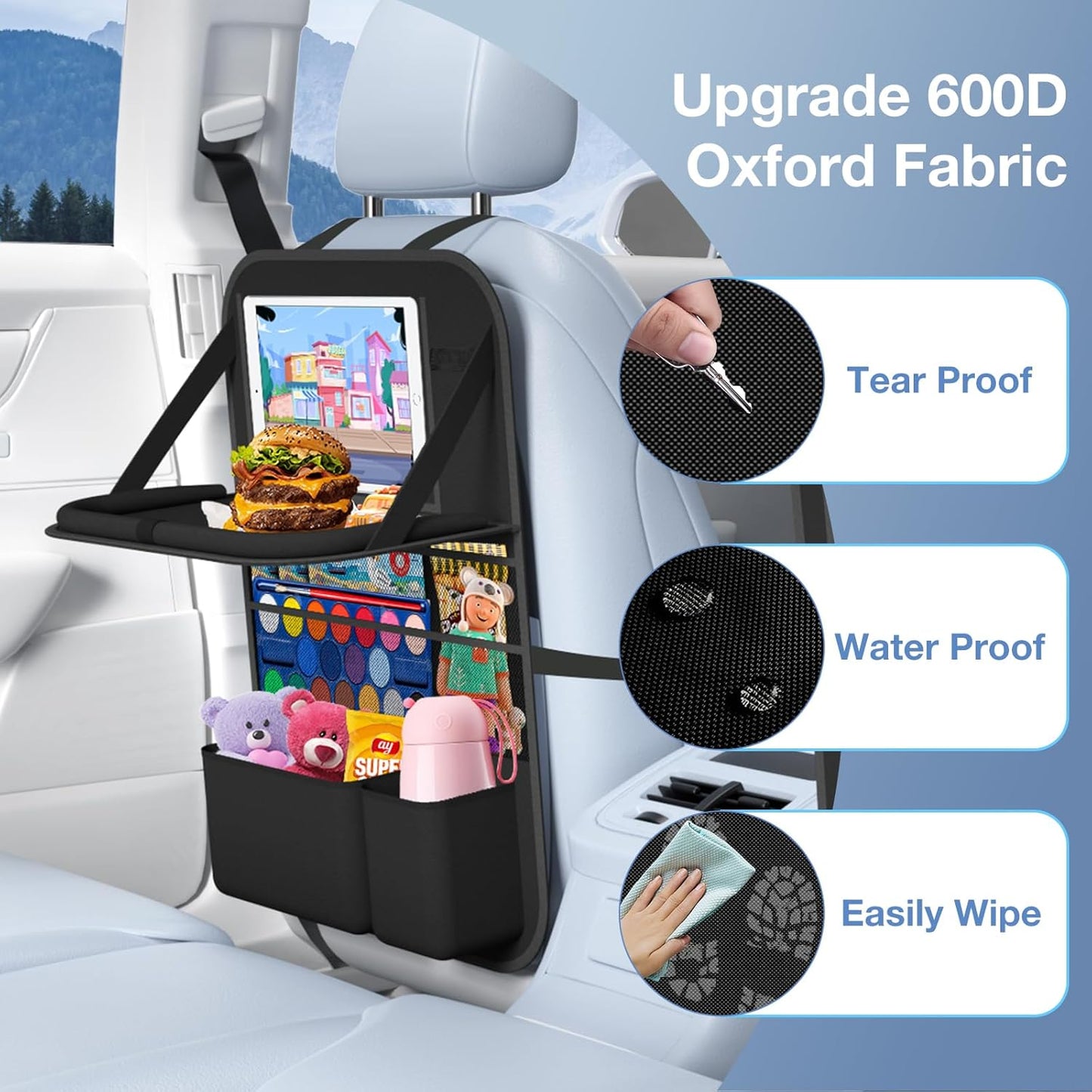 Car Backseat Organizer with Table Tray(2-Pack) 9 Storage Pockets Backseat Car Organizer and storage with Tablet Holder, Kick Mats Back Seat Cover for Kids family Road Trip Essentials Travel