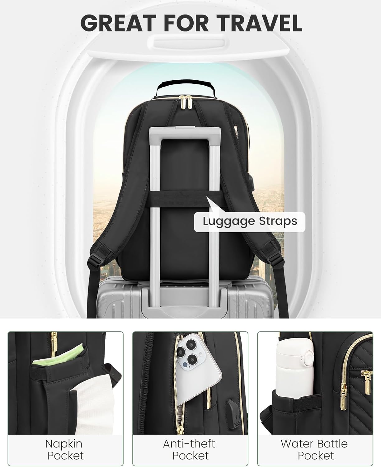LOVEVOOK Laptop Backpack Purse for Women, Work Travel Computer Bags, College School Backpack for Student Girl, Quilted Casual Daypack with USB Port, Fit 15.6 Inch Laptop, Black