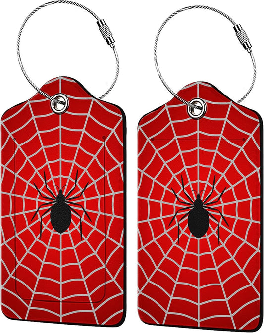 Spider Web 2-Pcs Premium Leather Tags with Privacy Covers,Luggage Tag Stainless Steel Loops Ideal for Suitcases, Travel Bags, Backpacks