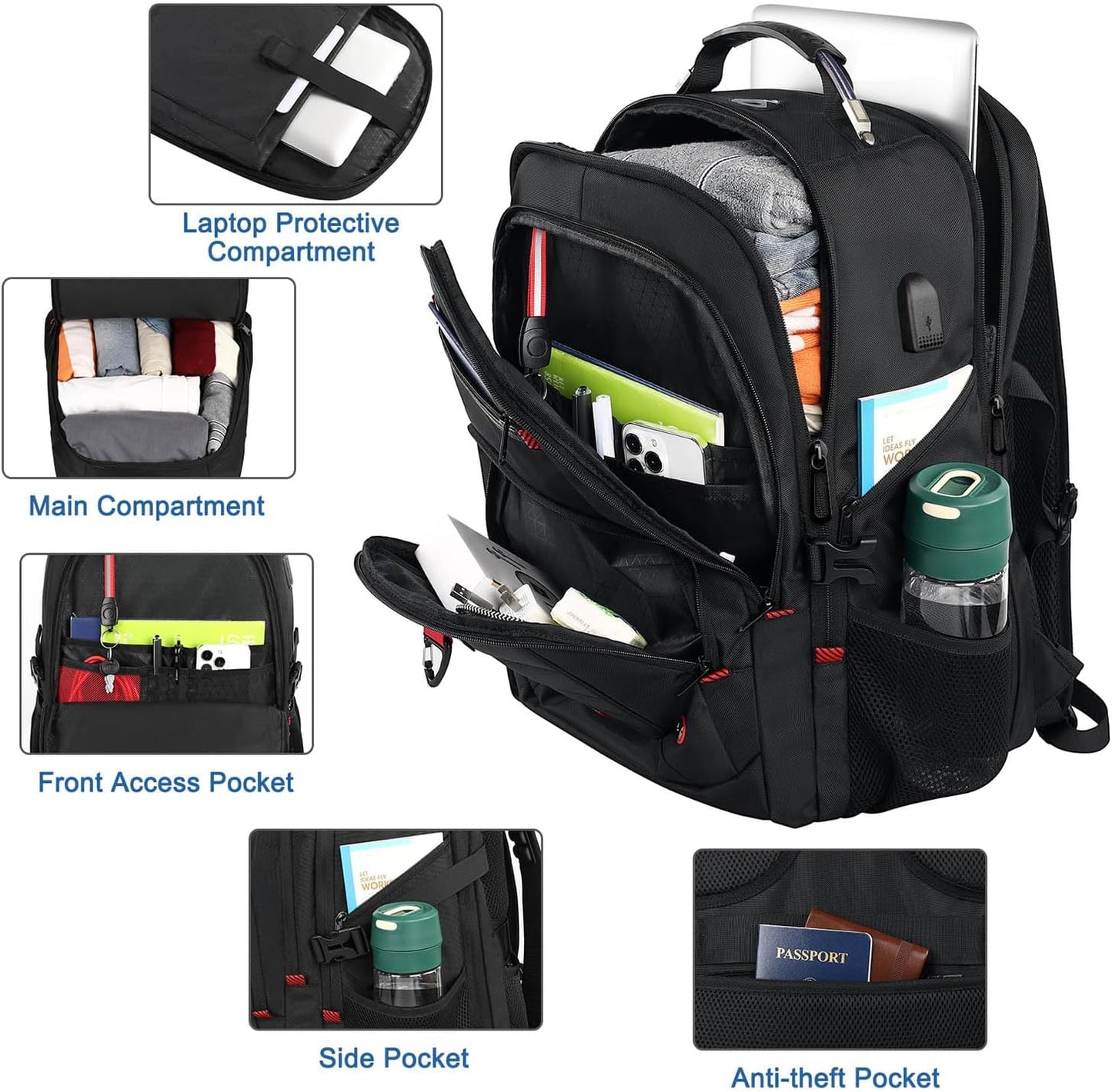 Z-MGKISS Extra Large Travel Backpack, 52L TSA Backpack 17.3 Inch, Anti-Theft 17 Inch Big Business Laptop Backpack for Men & Women, Water Resistant College Rucksack Bag with USB Port, Black