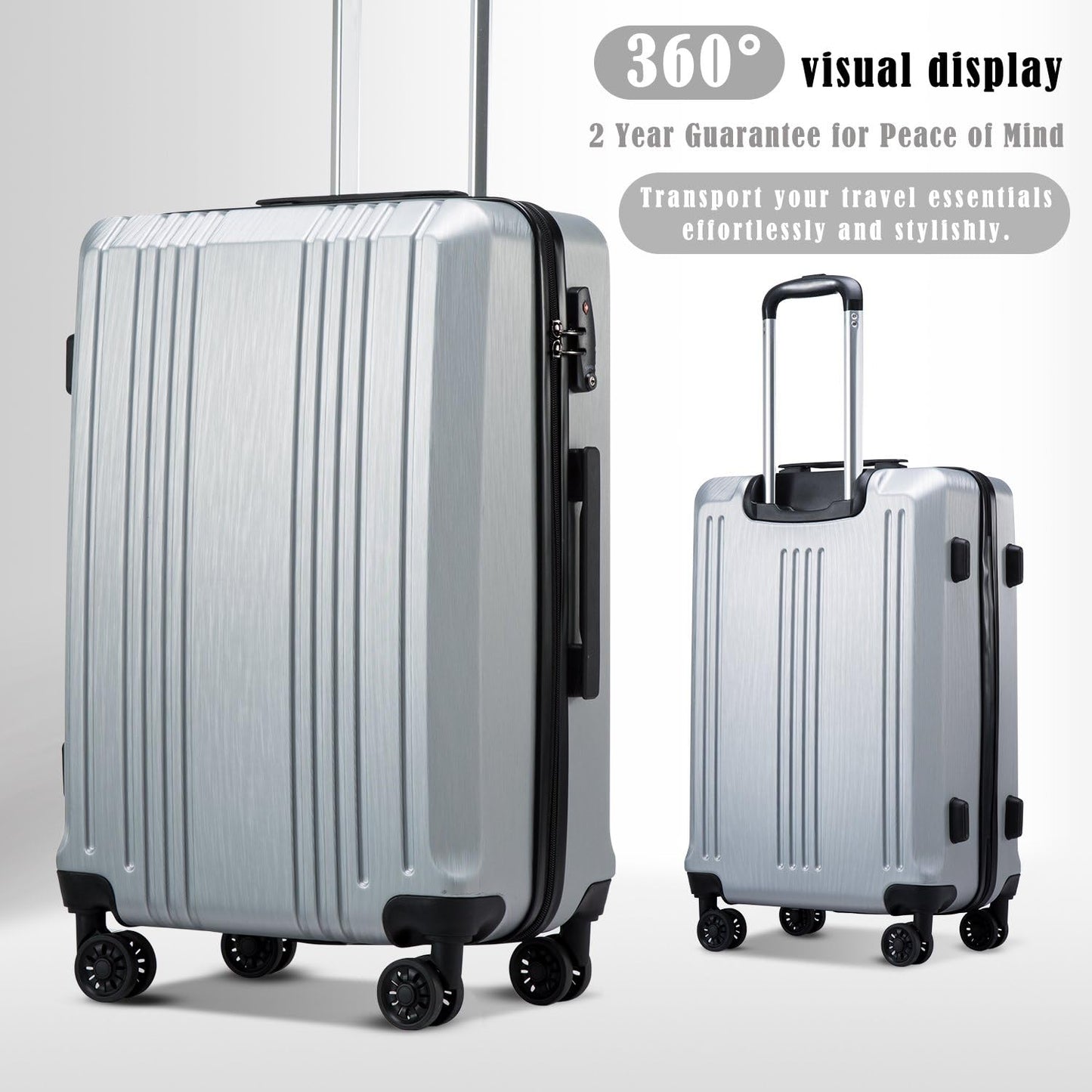 Coolife Luggage Suitcase PC+ABS with TSA Lock Spinner Carry on Hardshell Lightweight 20in 24in 28in (sliver, M(24IN))