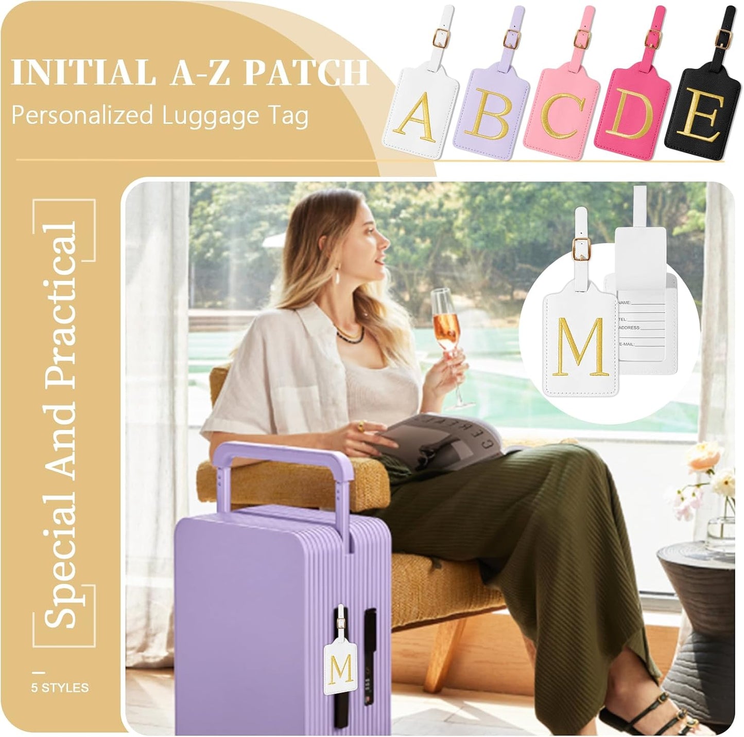 Personalized Initial Luggage Tags for Suitcase TSA Approved, White Leather Cute Luggage Tag with Privacy Cover Name Card, Embroidered Custom Luggage Tags Travel Baggage Tags Gifts for Women Kids(M)