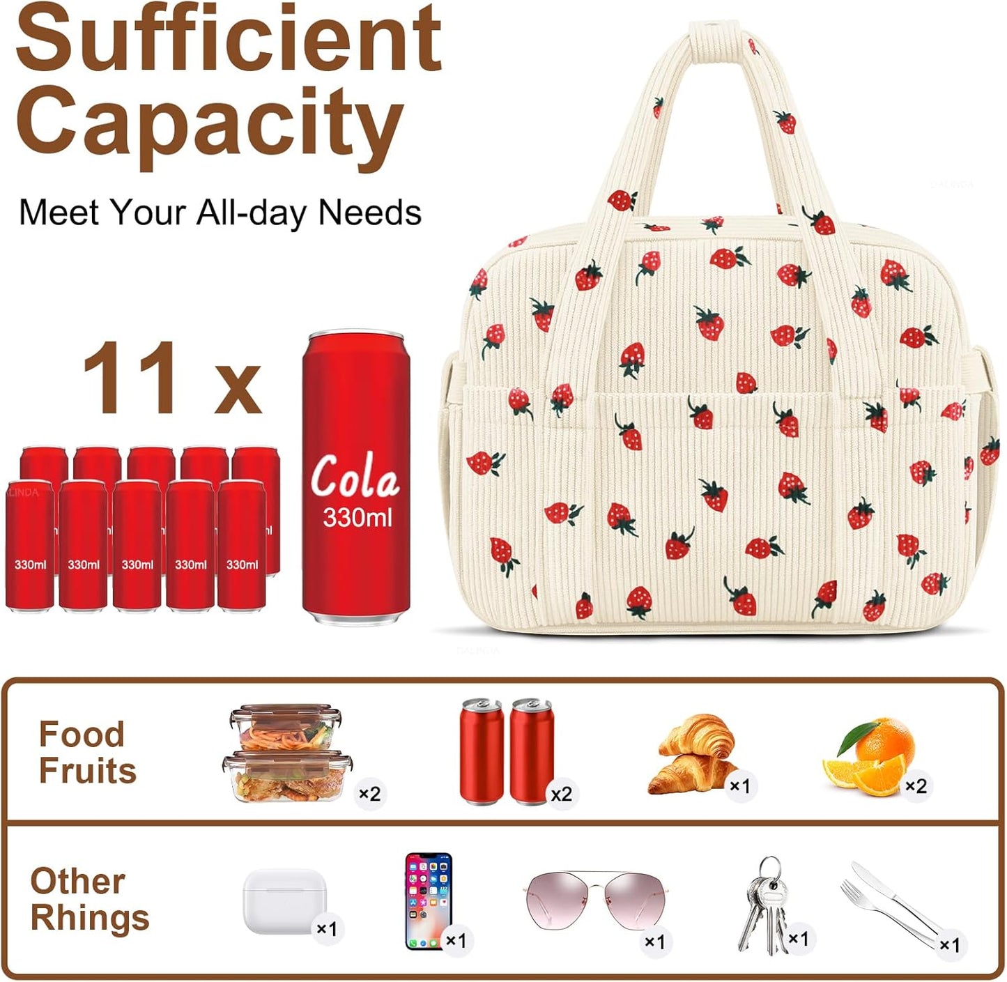 Corduroy Lunch Box Lunch Bag for Women Men, Cute Strawberry Small Insulated Reusable Work Leakproof Simple Lunch Boxes Tote Bag Adults Cooler Bag