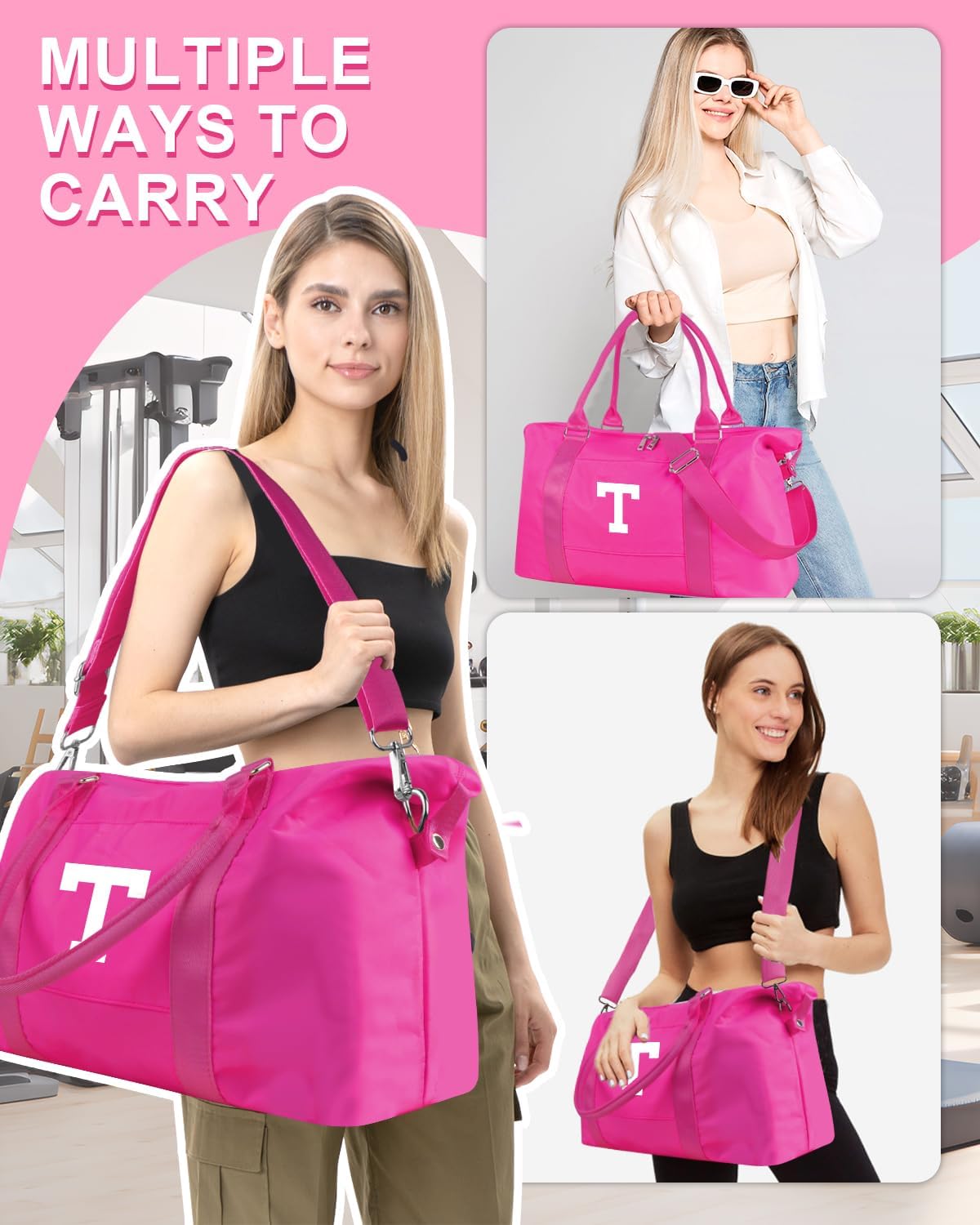 Overnight Bag for Kids Teen Girls Weekender Dance Bag Birthday Graduation Gifts,Initial Travel Duffel Bag Sports Gym Bag Personalized Weekender Bag Carry On Bags Preppy Gifts for Women(Hot Pink, T)