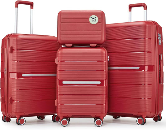 Campfun Luggage 4 Piece Sets, Expandable Carry On Luggage Set Hardshell PP, Suitcase Set with Double Spinner Wheels, Checked Durable Lightweight with TSA Lock, 14/20/24/28in, Red(A)