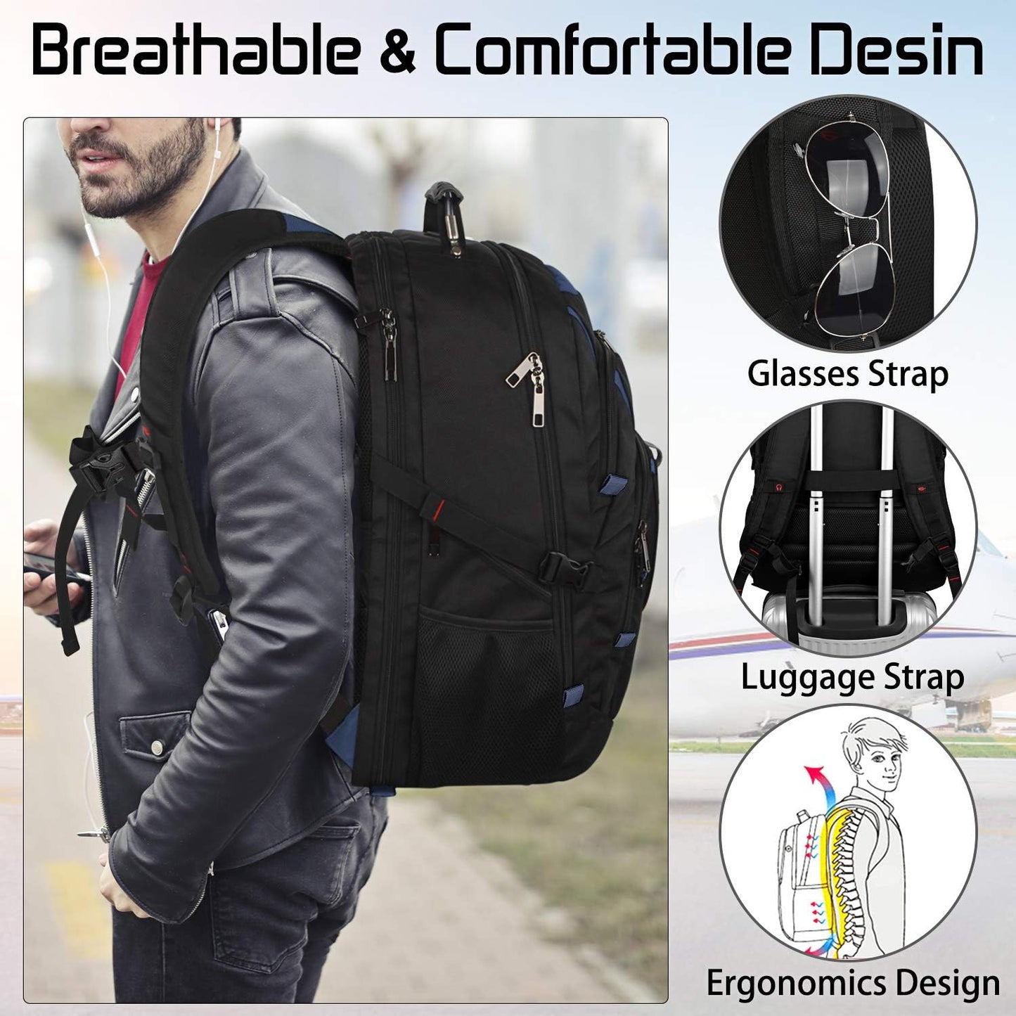 Mogplof 18.4 Laptop Backpack Men Women, 55L Extra Large Laptops Backpack with USB Charger Port,TSA Friendly Flight Approved and RFID Anti-theft Pocket,Water Resistant Suiltable for Traveling&Business
