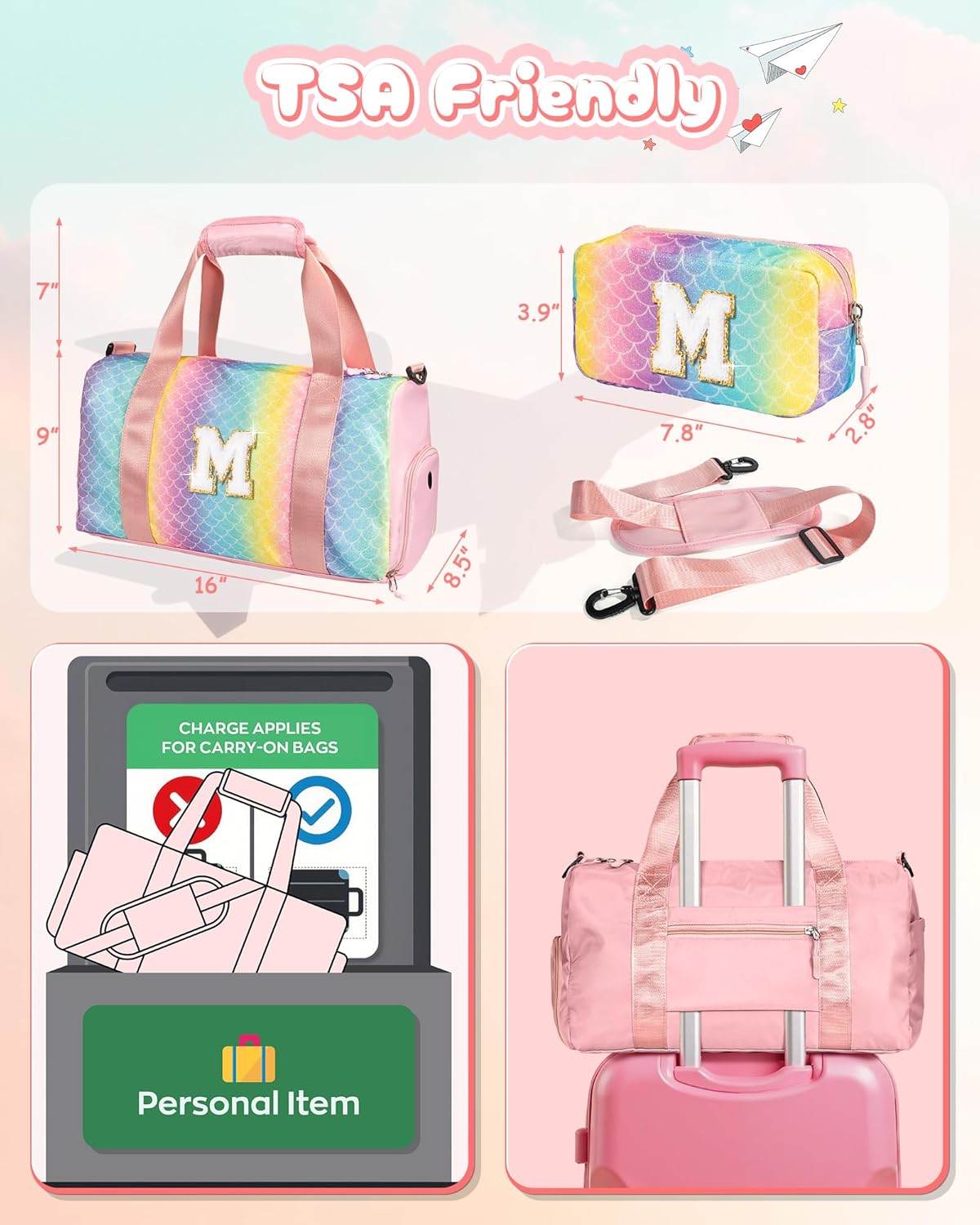 Dorm Room Essentials for Girls-Girl Gym Bag with Shoe Compartment, Kid Personalized Weekender Overnight Bags, Initial Travel Tote with Makeup Pouch, Preppy Stuff Gifts for Kids (Letter F)