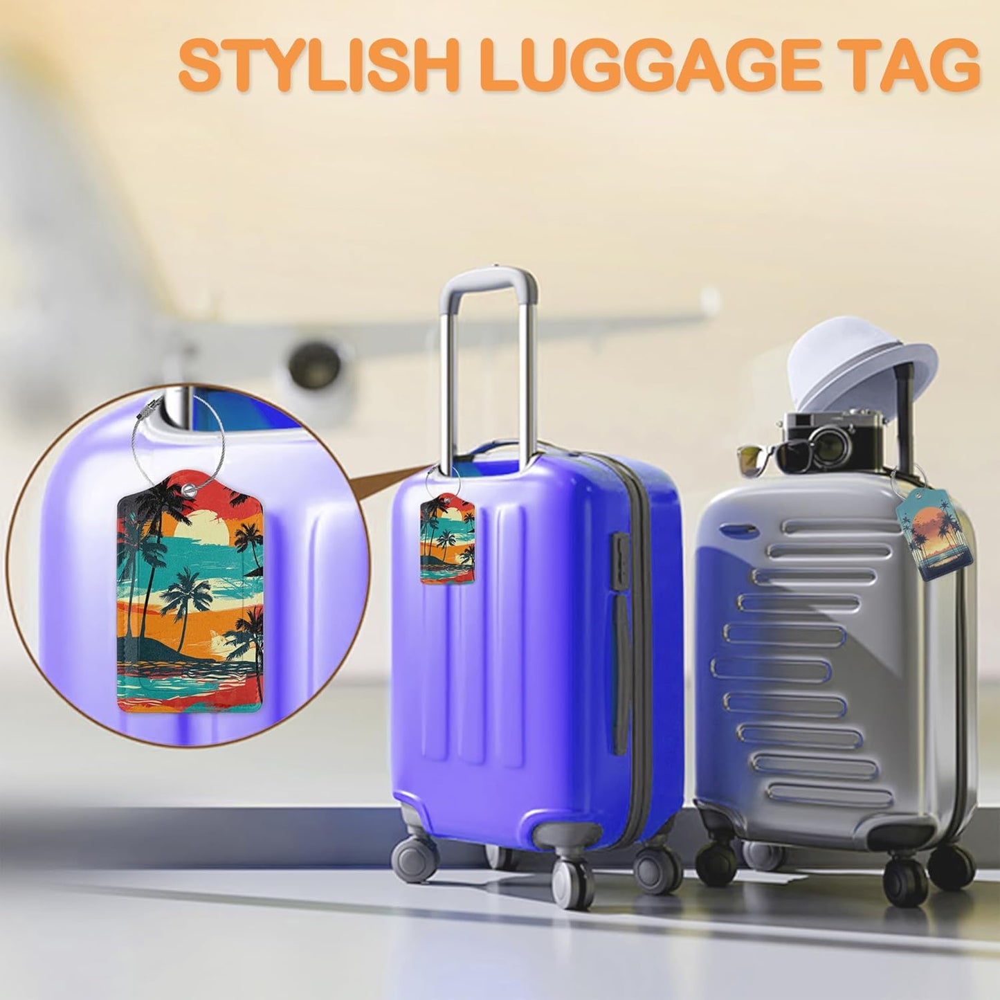 Abstract Beach 3 Pack Luggage Tags for Suitcases, Colorful Tropical Palm Tree Sunset PU Leather Luggage Tag for Travel, Bag Tags with Privacy Name ID Card and Steel Loop for Women Men