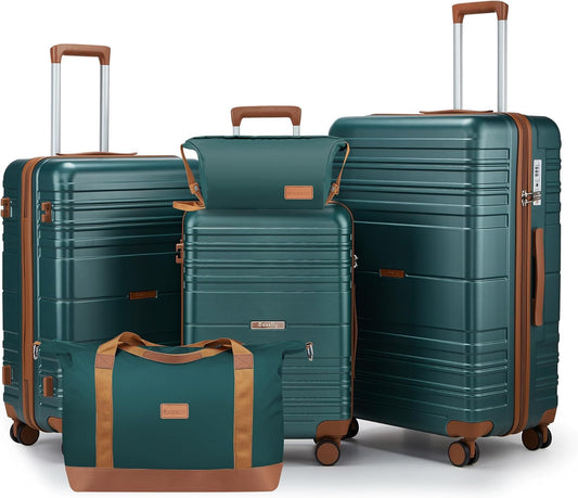 Luggage Sets with spinner wheels, PC+ABS Hard Shell Travel Luggage,Lightweight Carry-on suitcases with TSA Lock,YKK Zippers (Dark Green, 5 piece sets(20/24/28/DB/TB))