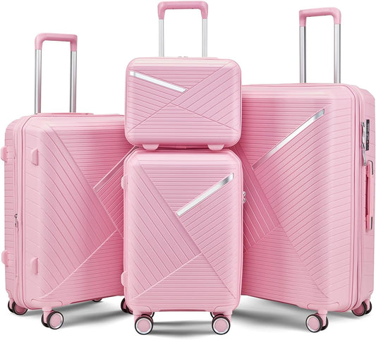 Campfun Luggage 4 Piece Sets, Expandable Carry On Luggage Set Hardshell PP, Suitcase Set with Double Spinner Wheels, Checked Durable Lightweight with TSA Lock, 14in 20in 24in 28in-Pink(B)