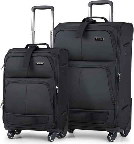 Hanke Luggage Sets 2 Piece Softside Expandable Luggage With Spinner Wheels TSA Lock,Travel Luggage Rolling Suitcase Checked Luggage Black(20/28)