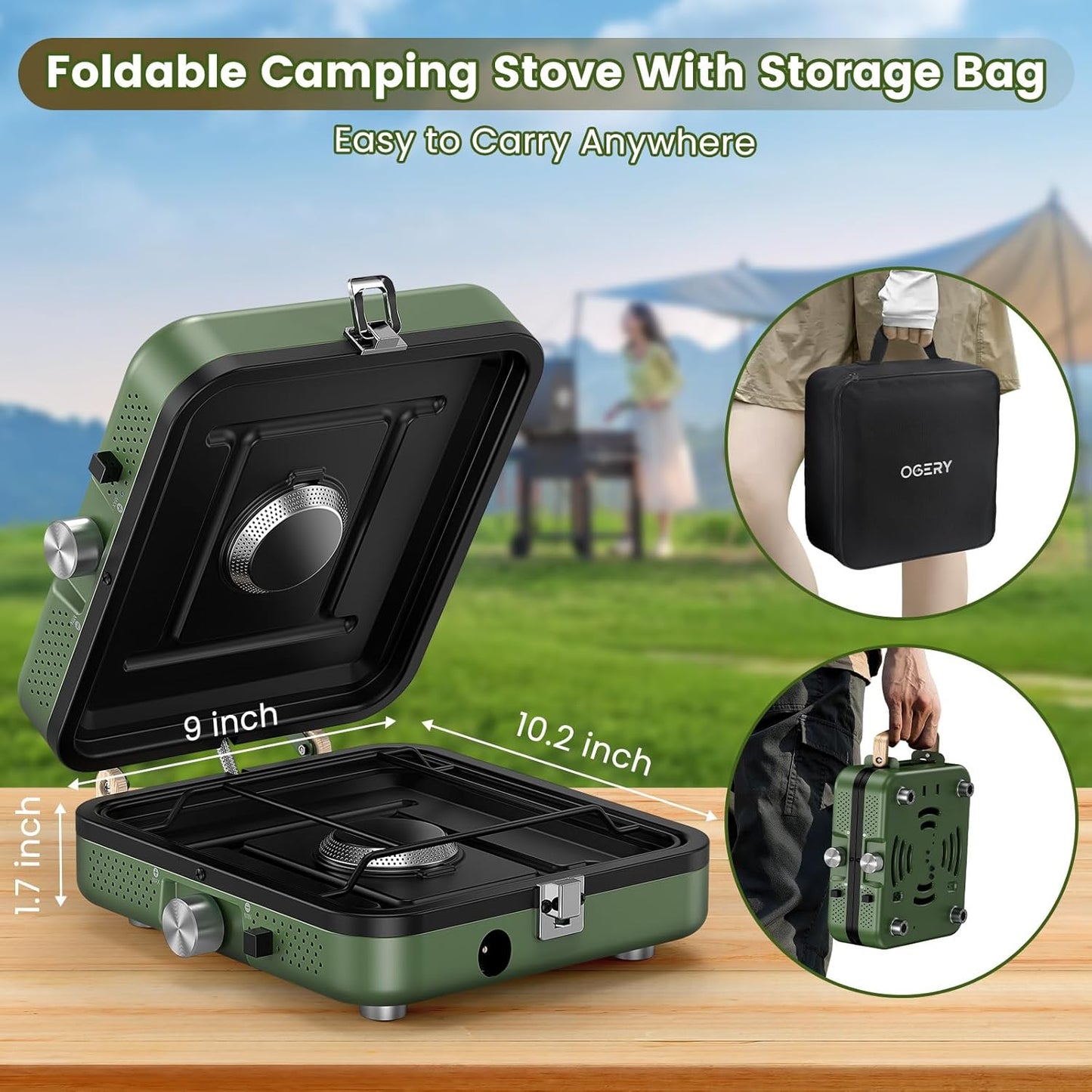 OGERY 2-Burner Foldable Camping Stove with Griddle (Textured & Smooth) and Carrying Bag, Portable Propane Camp Stove with 2 Adjustable Burners & Piezo Ignition, for Camping Tailgating Essentials Gear