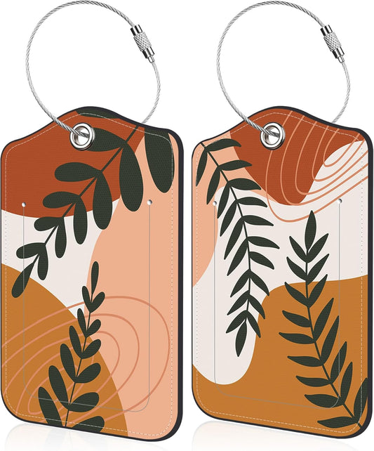 Boho Abstract Leaves Luggage Tag for Suitcase 2 Pack Leather Luggage Tag with Privacy Flap Name ID Label and Metal Loop for Women Men Travel