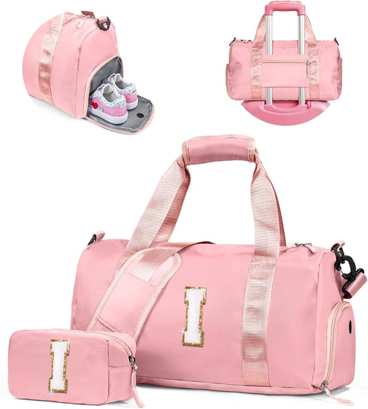 Birthday Gifts for Granddaughter-Girl Gym Bag with Shoe Compartment, Kid Personalized Weekender Overnight Bags, Initial Travel Tote with Makeup Pouch Valentine's Day Gift for Kids (Letter I)