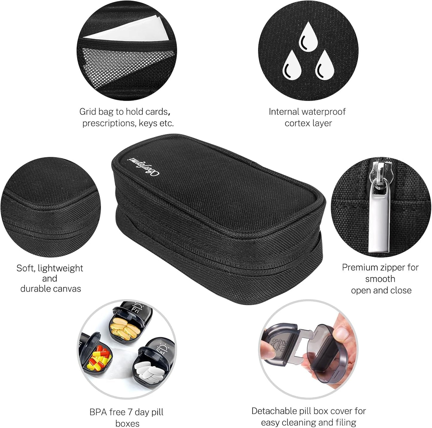 Serfeymi Weekly Travel Pill Organizer 2 Times A Day AM PM Upgraded Black Pill Box 7 Day with Portable Zipper Canvas Pill Case, Medicine Organizer for Pills, Vitamins, Supplements, Fish Oils - Black 01