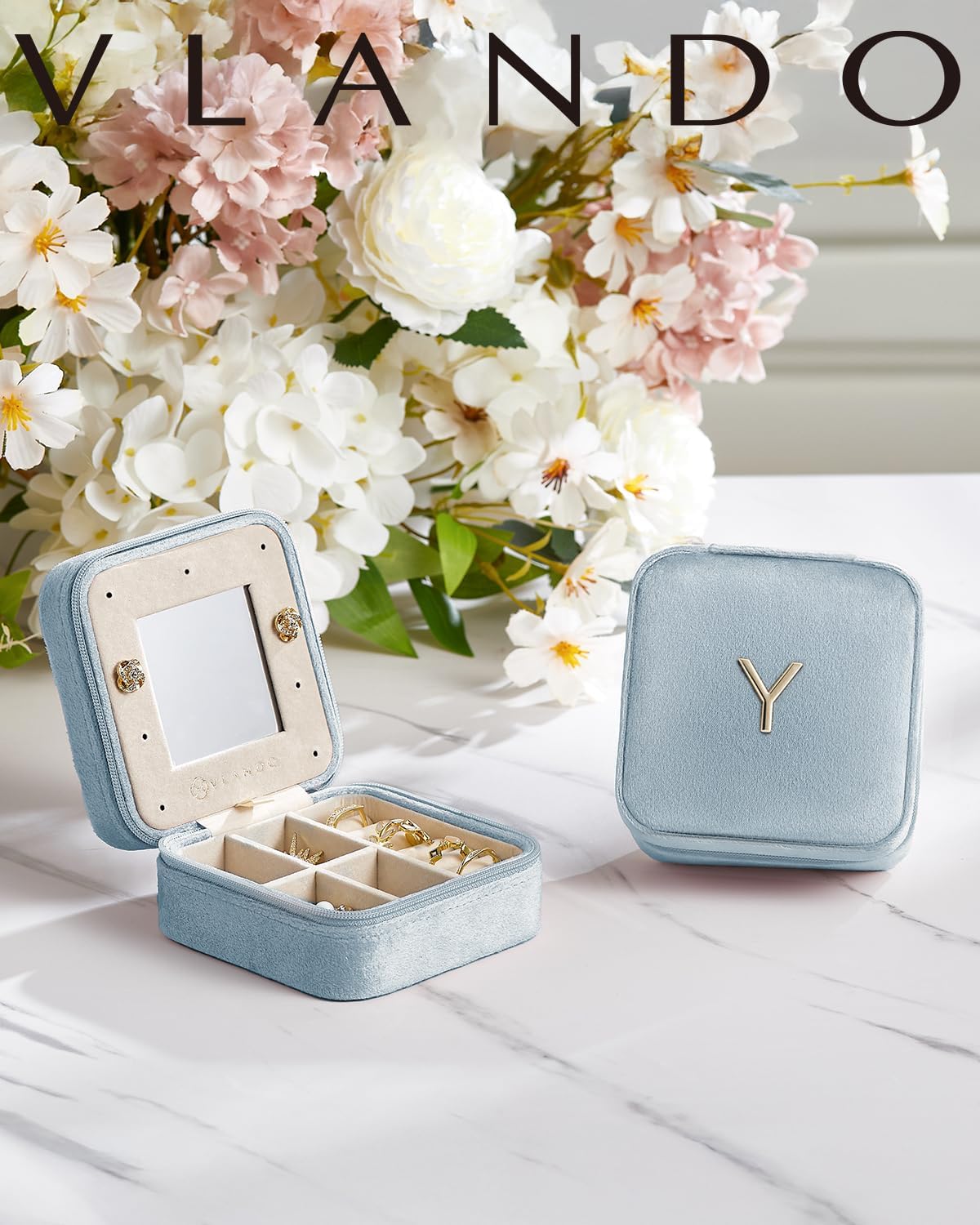 Vlando Valentines Day Gifts for Her, Travel Jewelry Organizer, Necklace Organizer Earrings Organizer Ring Organizer, Jewelry Travel Essentials Travel Gifts for Girlfriend Wife - Letter I, Navy Blue