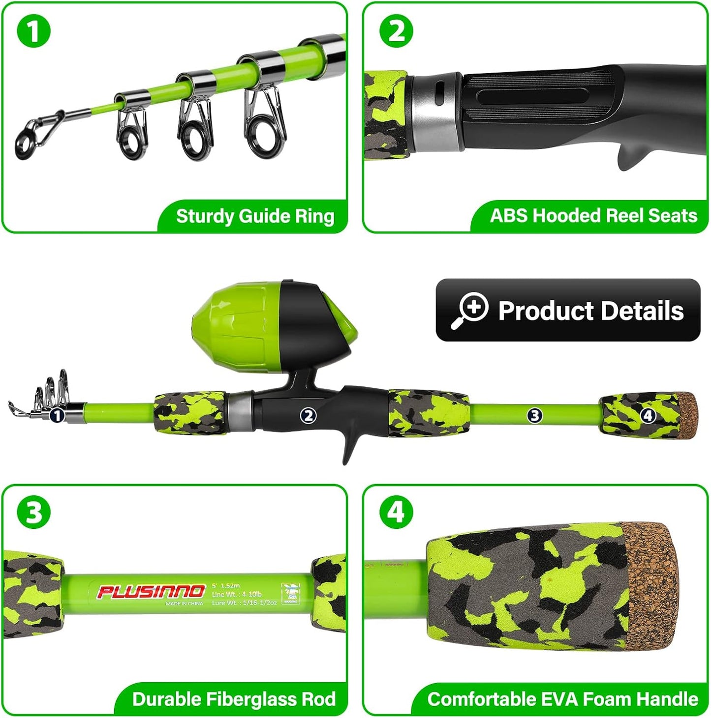 PLUSINNO Kids Fishing Pole with Spincast Reel Telescopic Fishing Rod Combo Full Kits for Boys, Girls, and Adults