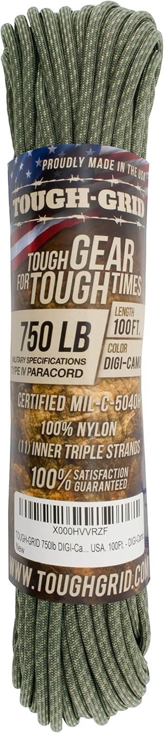 TOUGH-GRID 750 Paracord Rope Nylon Parachute Cord, Made in USA Survival Kit, Outdoor Adventures, Camping, Tactical Gear & Emergency Supplies, Military Type IV Mil-Spec