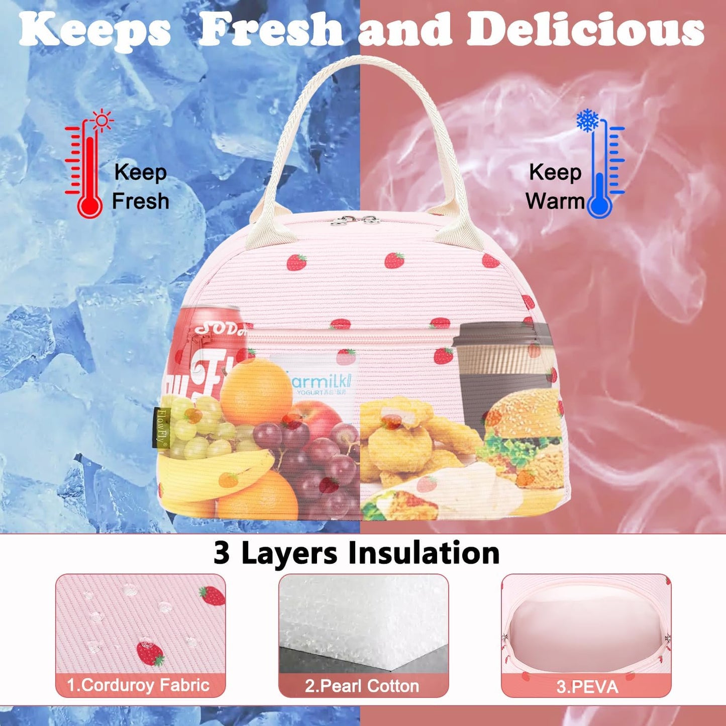 FlowFly Insulated Lunch Bag for Women – Corduroy Lunch Tote Box, Cute Cooler Bag for Work, Travel, Picnic,Corduroy Strawberries Pink