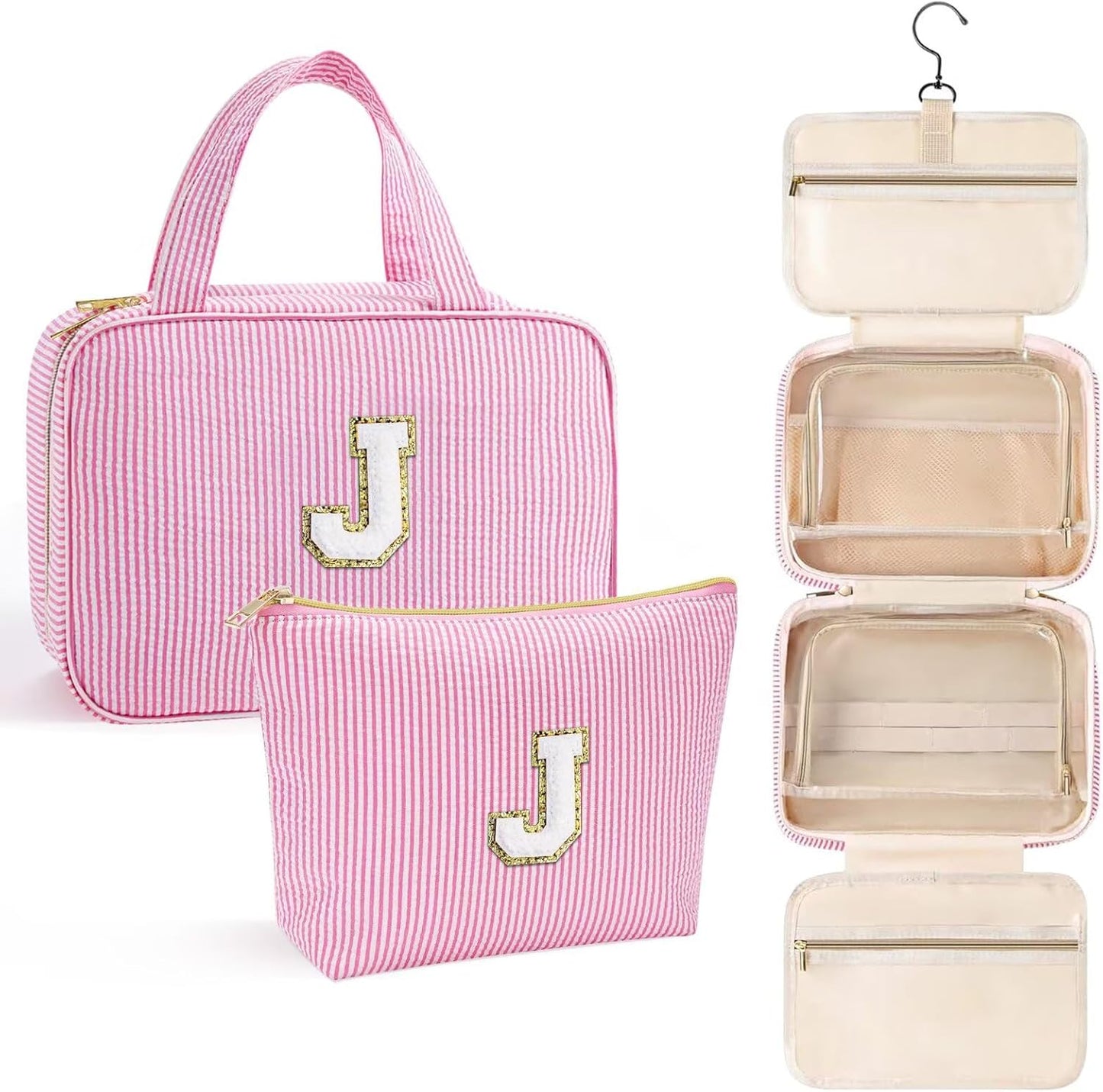 YOOLIFE Travel Toiletry Bag Makeup Bag - Hanging Toiletry Bag for Women, Portable Toiletries Travel Bag and Cosmetic Bag, Airplane Travel Essentials Travel Toiletry Bag - Letter J, Pink