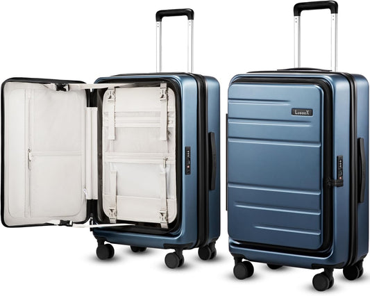 LUGGEX Checked Luggage with Spinner Wheels, FLO5 Expandable Polycarbonate Hard Shell Suitcase with TSA Approved Lock (FX-Core, Blue, 24 Inch)