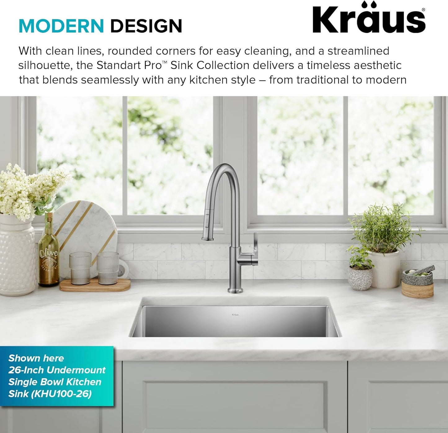KRAUS Standard PRO 23-Inch 16 Gauge Undermount Single Bowl Stainless Steel Kitchen Sink, KHU101-23