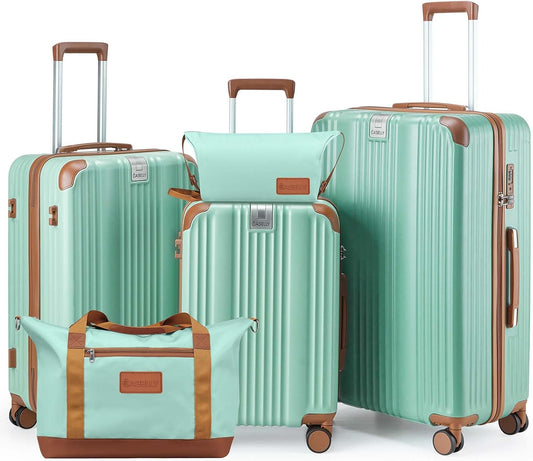 Luggage Set 3 Piece Luggage with PC+ABS Hardshell TSA Lock Spinner Wheels Carry on Lightweight Suitcase，Cup Holder,YKK Zippers (Green, 5 piece sets(20/24/28/DB/TB))