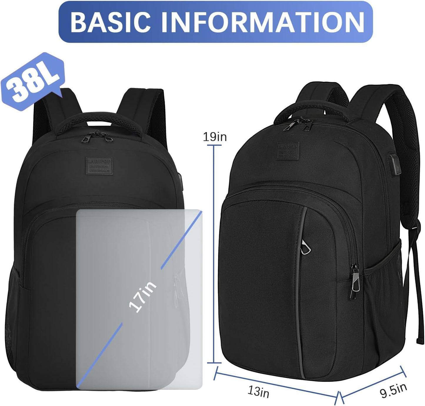 LARIPOP Extra Large Backpack,17.3 Inch Business Laptop backpack for Men Women with USB Charging Port,Water-Resistant Laptopack Weekender Daypack for Work College Computer