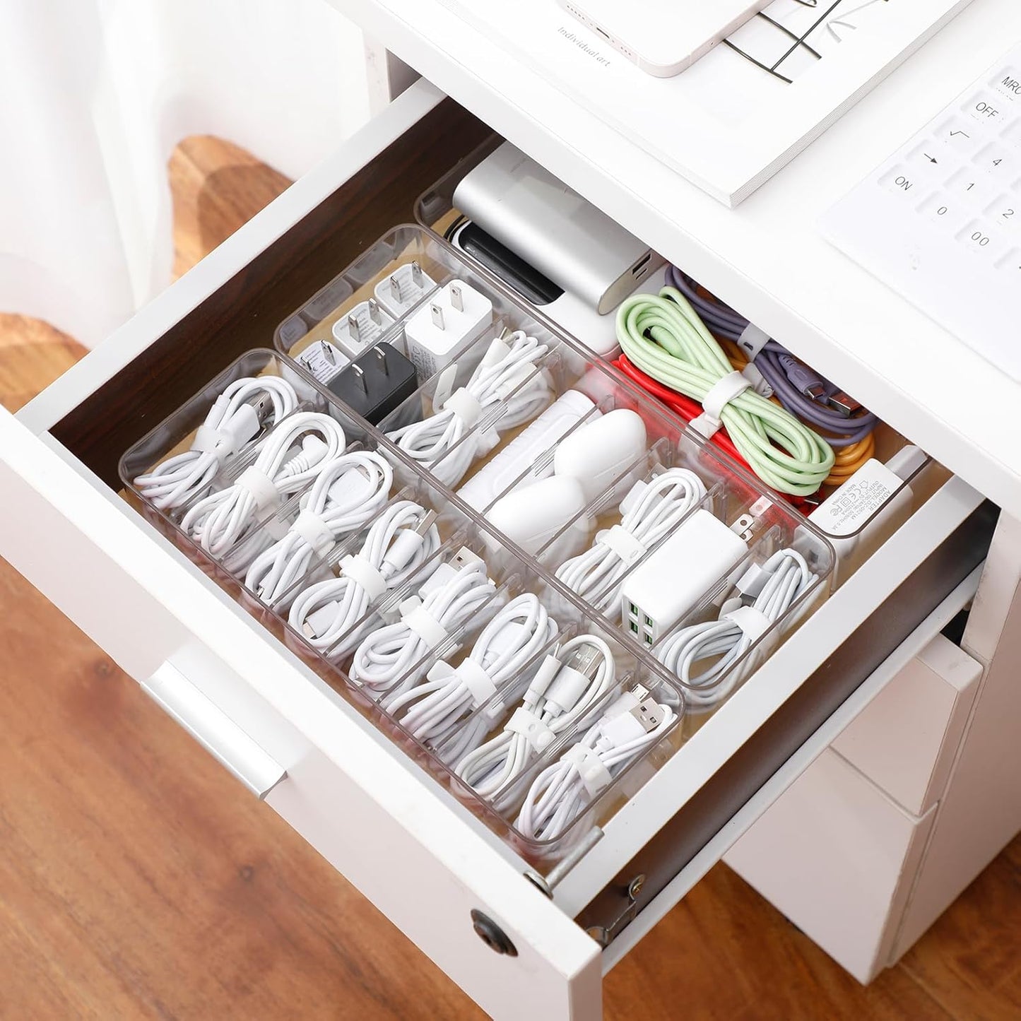 Yesesion 4 Pack Cord Organizer Box with 40pcs Wire Ties, Plastic Charger Storage Case with Adjustable Dividers for Desk Drawer, Home Office Supplies, Stationery, Data Cable, USB, Battery Holder