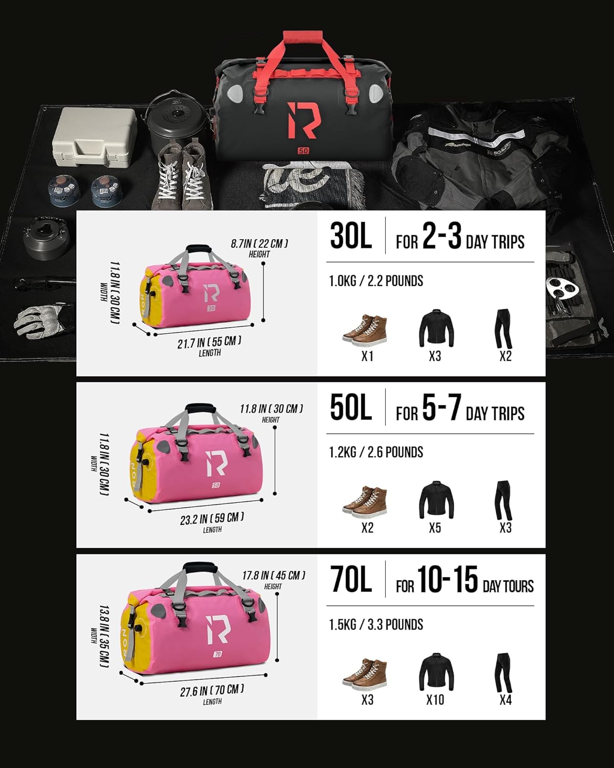 IRON JIA'S Motorcycle Dry Bag - Waterproof Duffle & Luggage Tail Bag Saddle Bags with Roll Top Closure, Shoulder Straps, Inner Pocket and Mesh Pocket (Pink, 30L)
