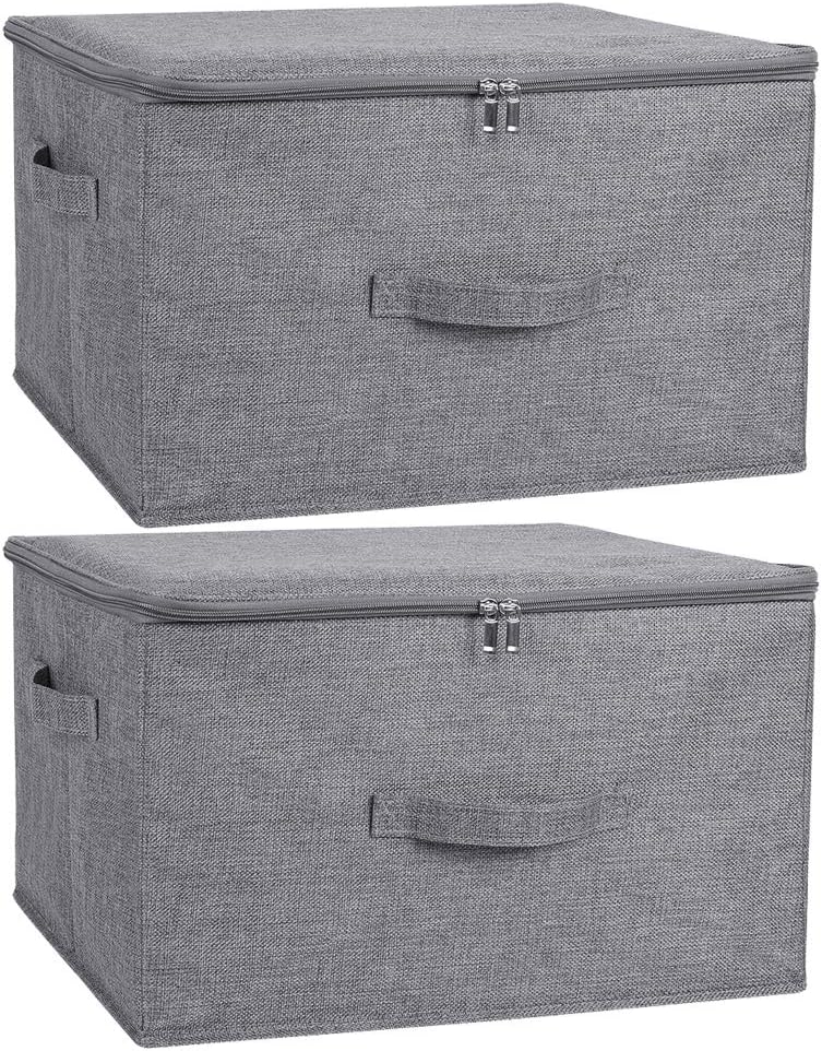 ANMINY 2PCS Storage Bins with Zipper Lids 36 Qt Lidded Fabric Storage Boxes Baskets Cubes with Handles Collapsible Washable Cotton Linen Closet Shelf Clothes Organizer Containers - Gray, Large