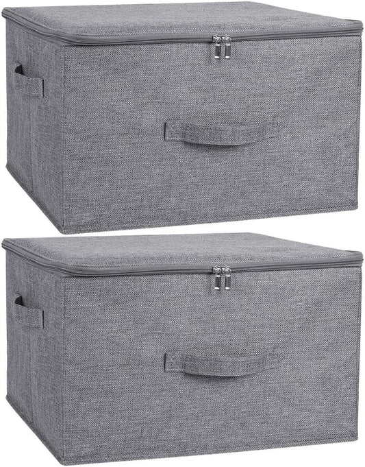 ANMINY 2PCS Storage Bins with Zipper Lids 36 Qt Lidded Fabric Storage Boxes Baskets Cubes with Handles Collapsible Washable Cotton Linen Closet Shelf Clothes Organizer Containers - Gray, Large