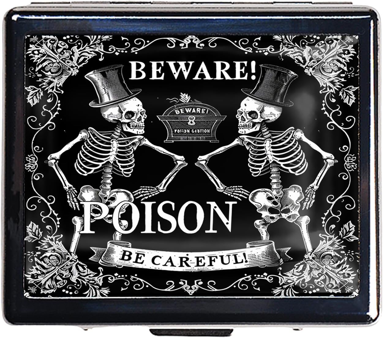 Cute and Portable Metal Pill Organizer – 8 Compartments, Elegant Chrome Finish, Ideal for Travel and Daily Use (Beware Poison Skeletons)