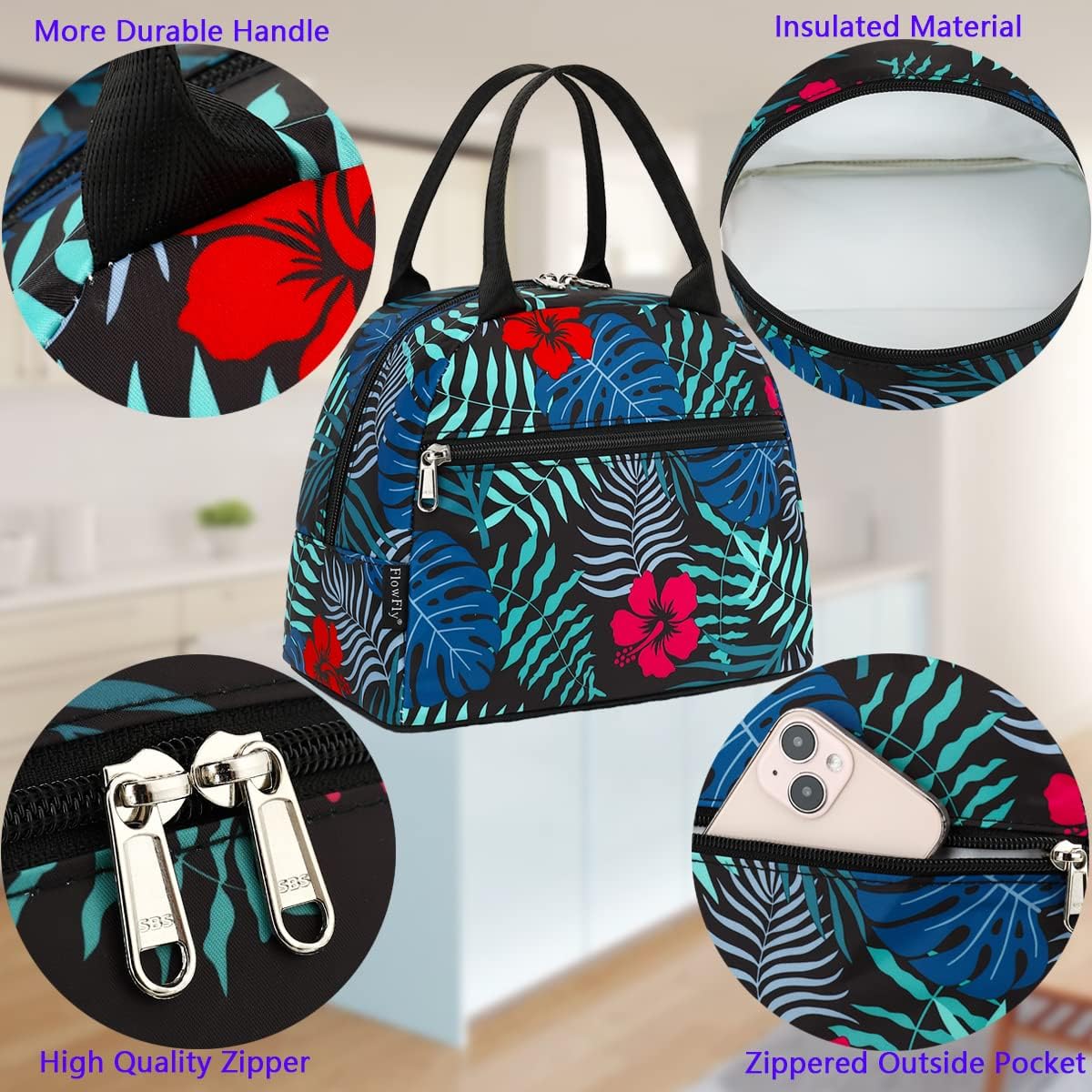 FlowFly Insulated Lunch Cooler Bag - Tote Bag Organizer for Women/Men, Leaf