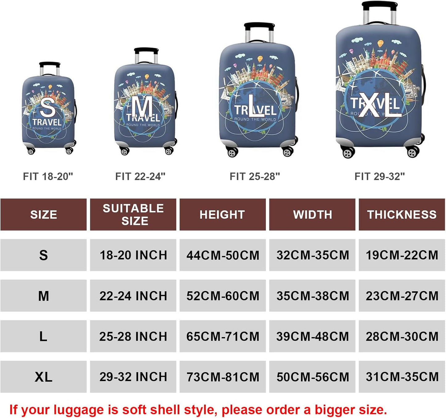 WUJIAONIAO Travel Luggage Cover Baggage Suitcase Cover Protector Skins 18-32 Inch (A9 TRAVEL, S (for 18-20 inch luggage))