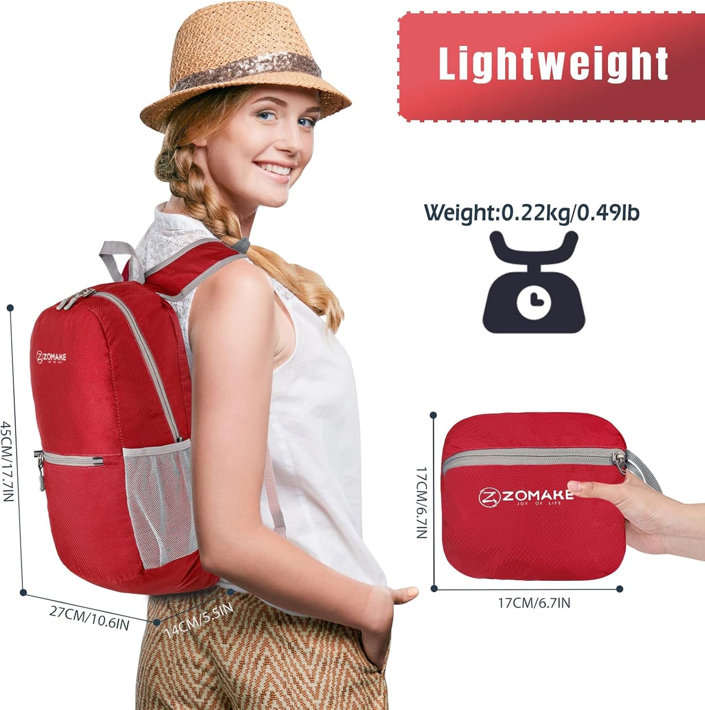 ZOMAKE Ultra Lightweight Hiking Backpack 20L, Packable Small Backpacks Water Resistant Daypack for Women Men(Bright Red)