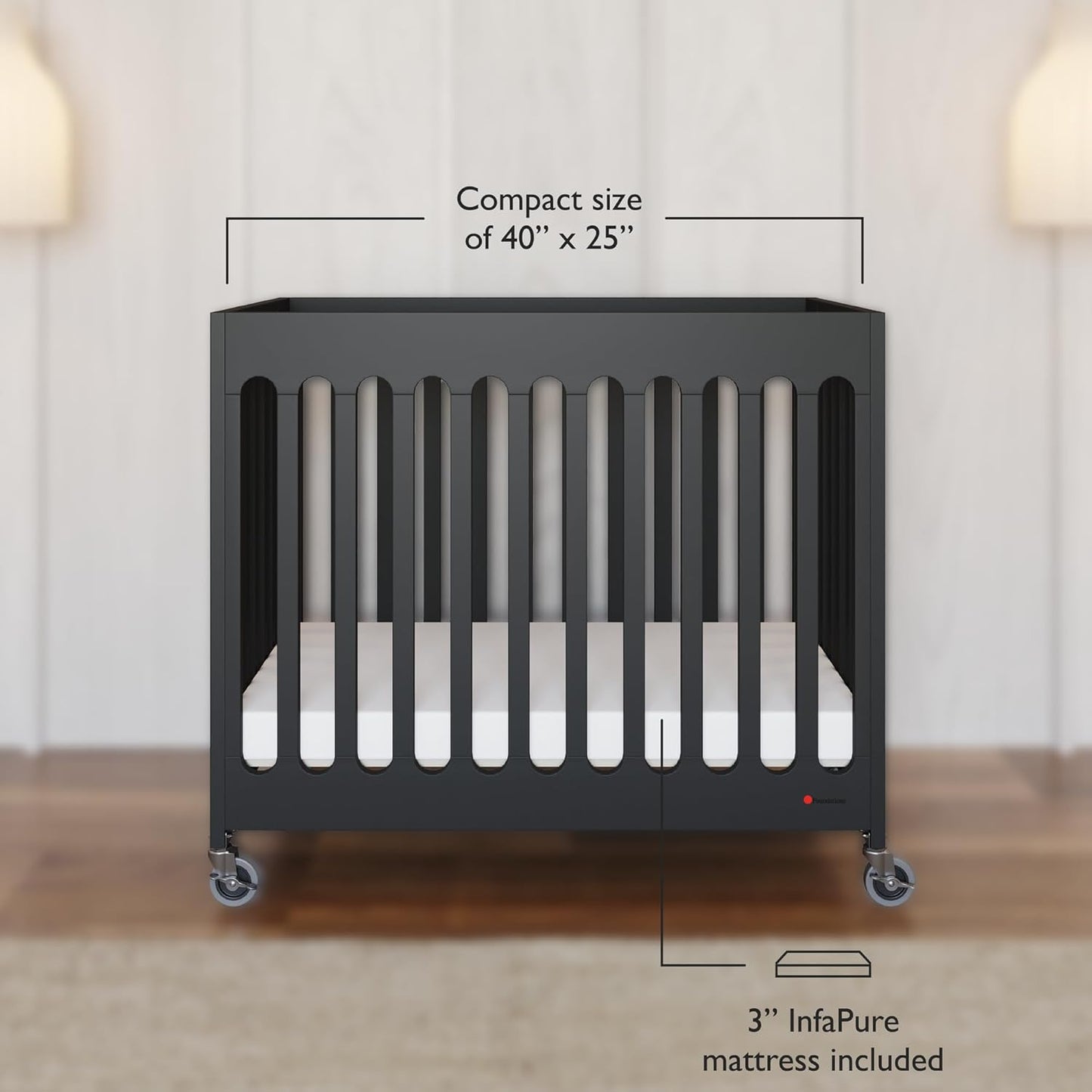 Foundations Boutique Folding Mini Baby Crib - Compact, Portable, Wooden Hotel Crib, Foldable Mini Crib for Baby & Toddlers - Includes 3" Foam Mattress, Ebony