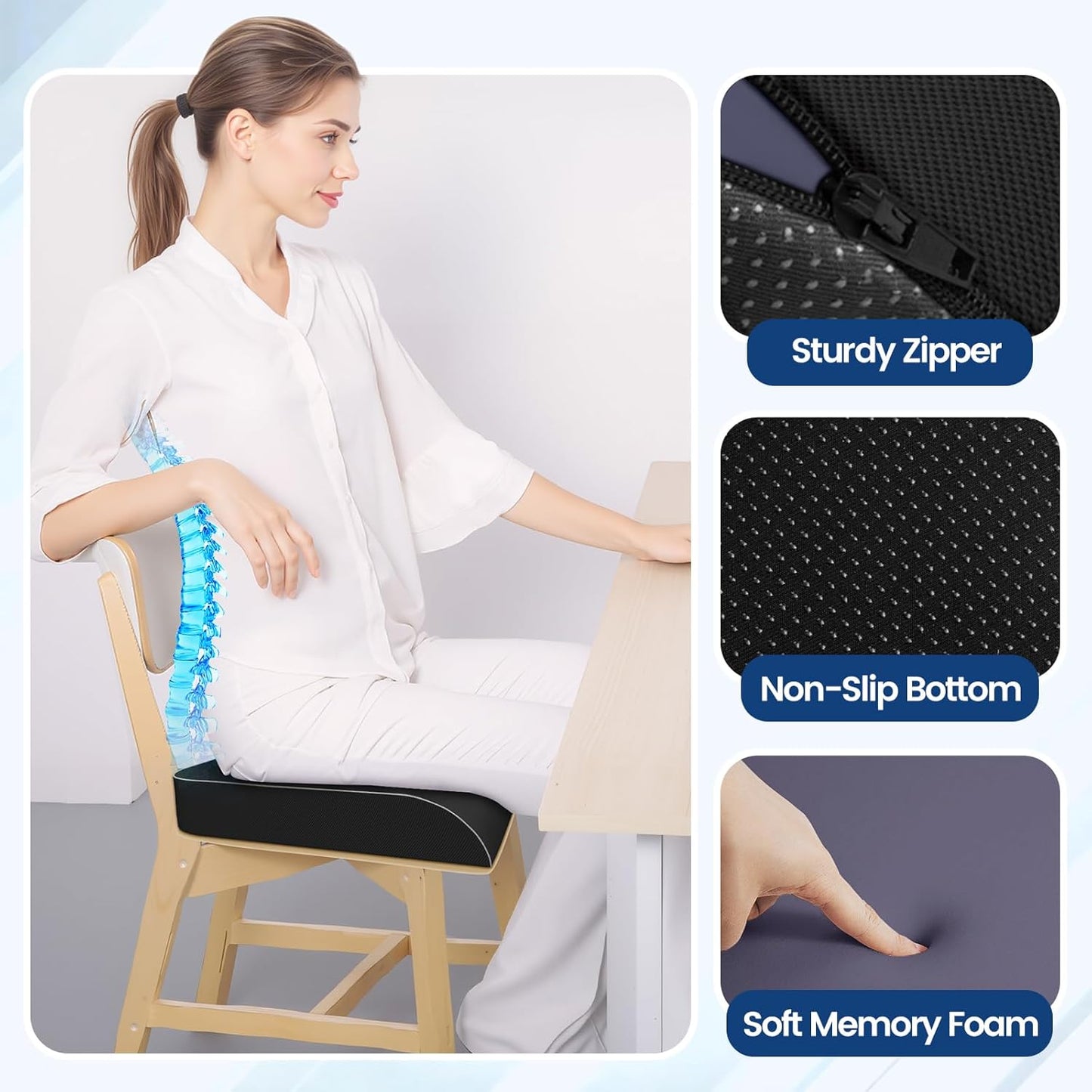Seat Cushion for Tailbone Pain Relief, Office Chair Cushion, Memory Foam Large Chair Cushion with Non-Slip Cover for Soft Support at Office Chair, Car Seat, Airplane Black/Large