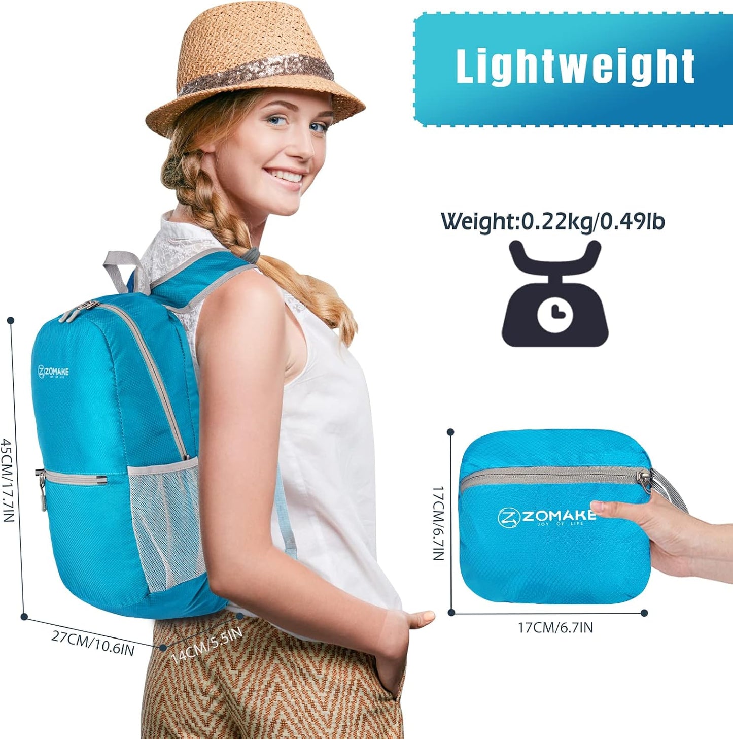 ZOMAKE Ultra Lightweight Hiking Backpack 20L, Packable Small Backpacks Water Resistant Daypack for Women Men(Light Blue)