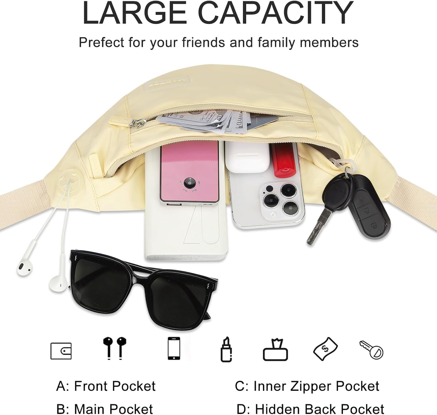 MAXTOP Large Crossbody Fanny Pack with 4-Zipper Pockets,Gifts for Enjoy Sports Festival Workout Traveling Running Casual Hands-Free Wallets Waist Pack Phone Bag Carrying All Phones