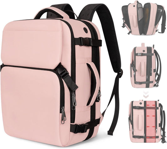 Travel Backpack Carry On Flight Approved, Lightweight Large Travel Backpack, Expandable with USB Charging Hole, Waterproof Causal Bookbag for Travel Work College Fits 17 inch Laptop, Pink