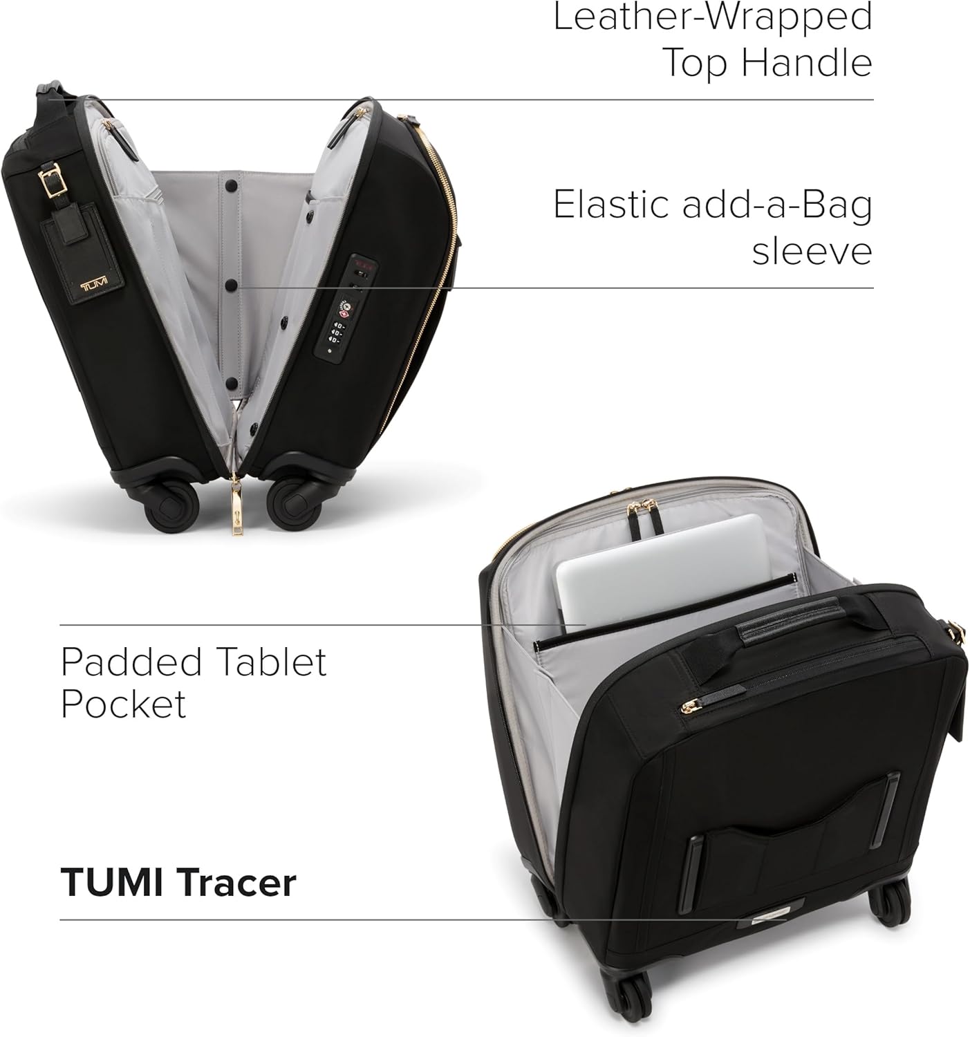 TUMI - Voyageur Leger 4 Wheeled Luggage - Women's Lightweight and Spacious, Sleek Silhouette, Durable Premium Suitcase - 16" Compact Carry-On, Black with Gold Hardware